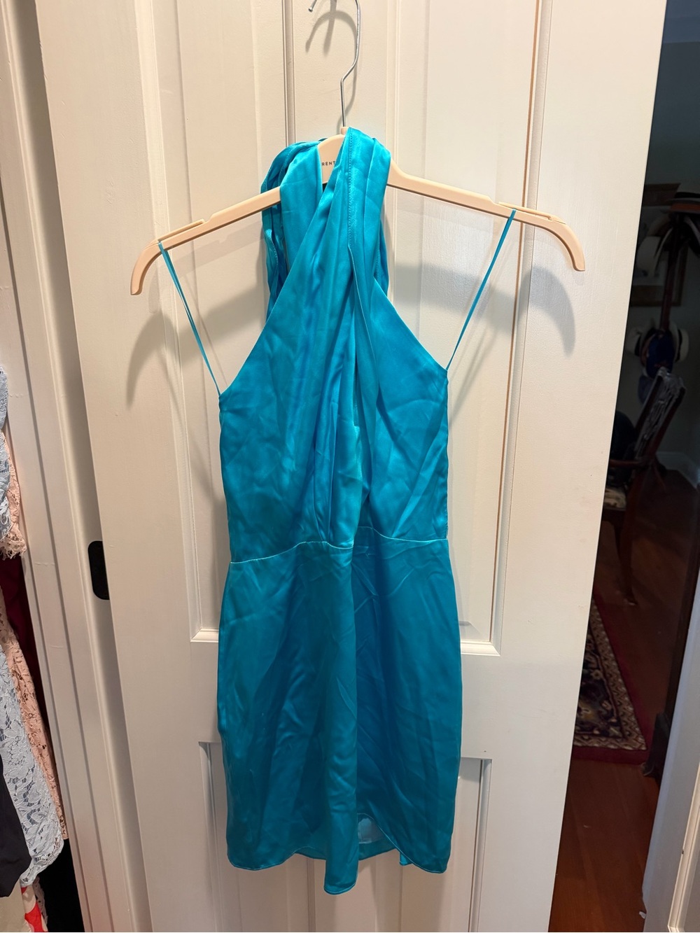 Amanda Uprichard Satin Halter Mini Dress in Bright Teal